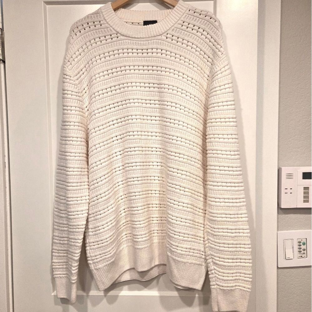 H&M Men's Crew Neck Sweater Cream 100% Cotton Patterned Knit L